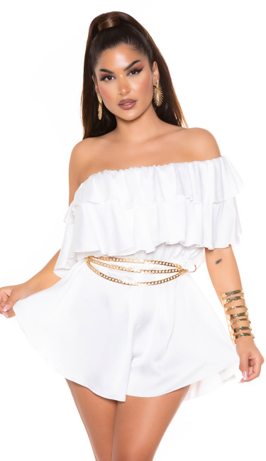 Off-Shoulder Satin- Look Ruffled Overall White